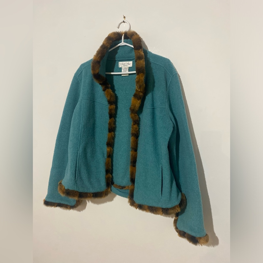 Teal Fleece and Faux Fur Trim Jacket